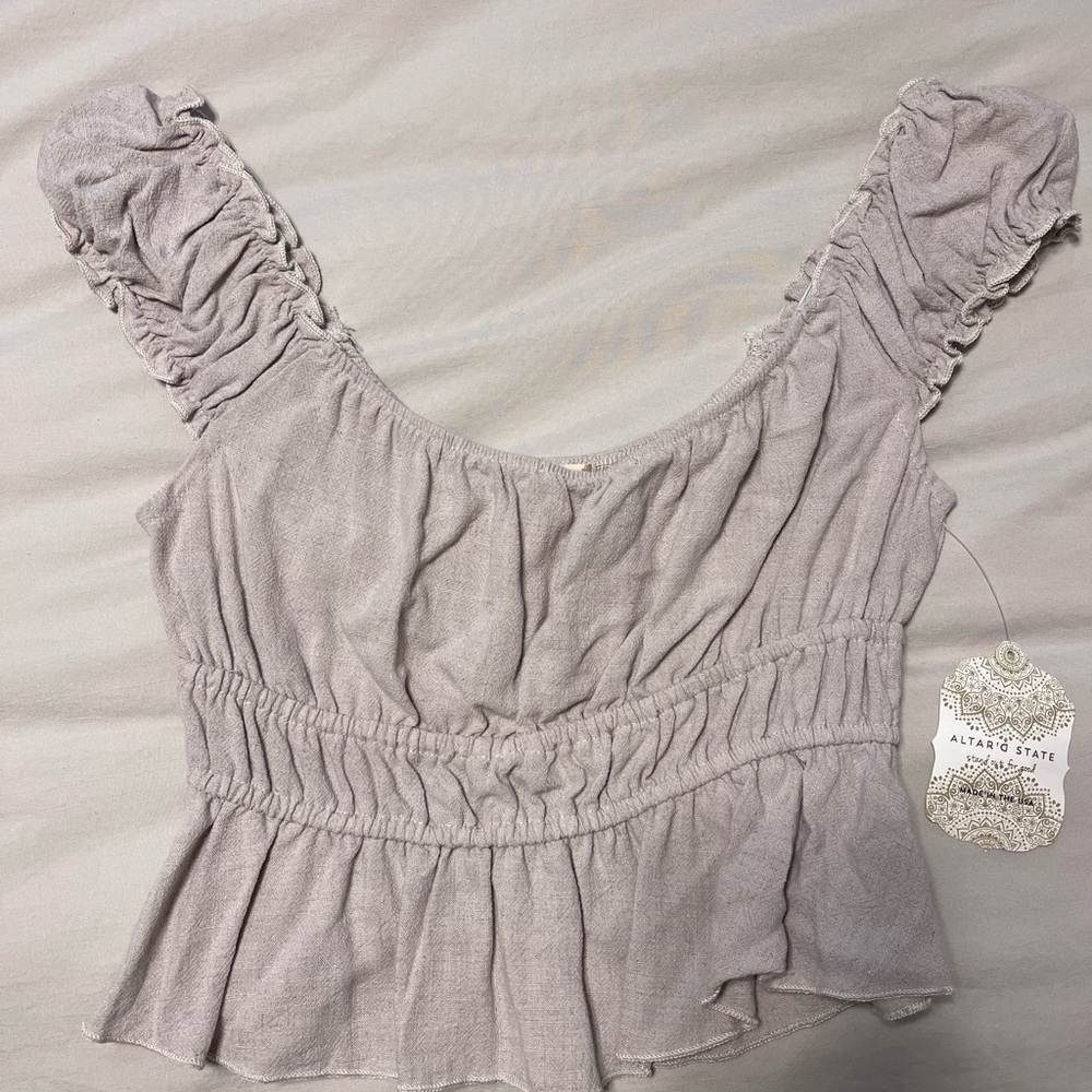 Altar'd State Tan and Cream Flutter Sleeve Peplum Blouse